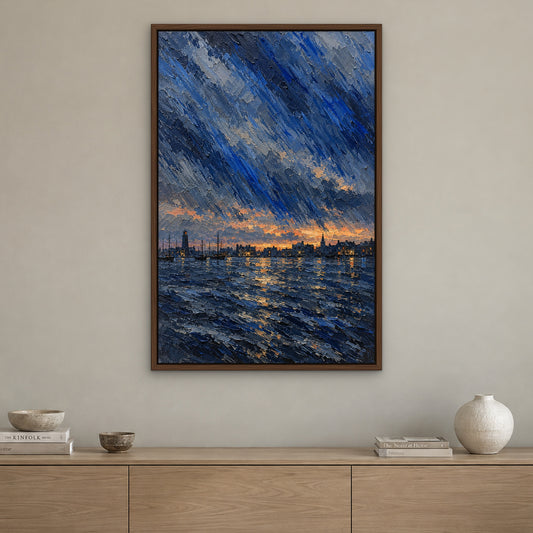 Cobalt Rainfall, blue abstract hand-painted canvas wall art in a living room – Gallery 23