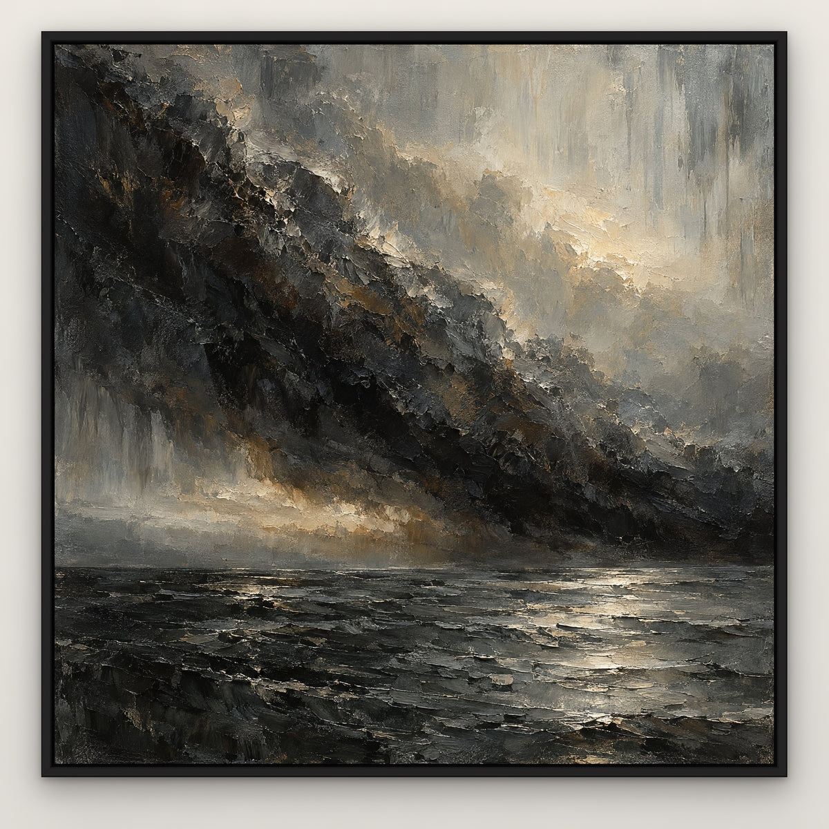 Storm Line, grey abstract hand-painted canvas wall art in a slim black float frame – Gallery 23