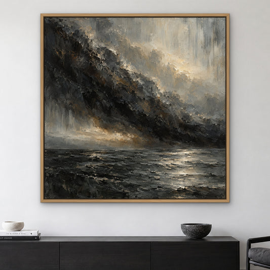 Storm Line, grey abstract hand-painted canvas wall art in a living room – Gallery 23