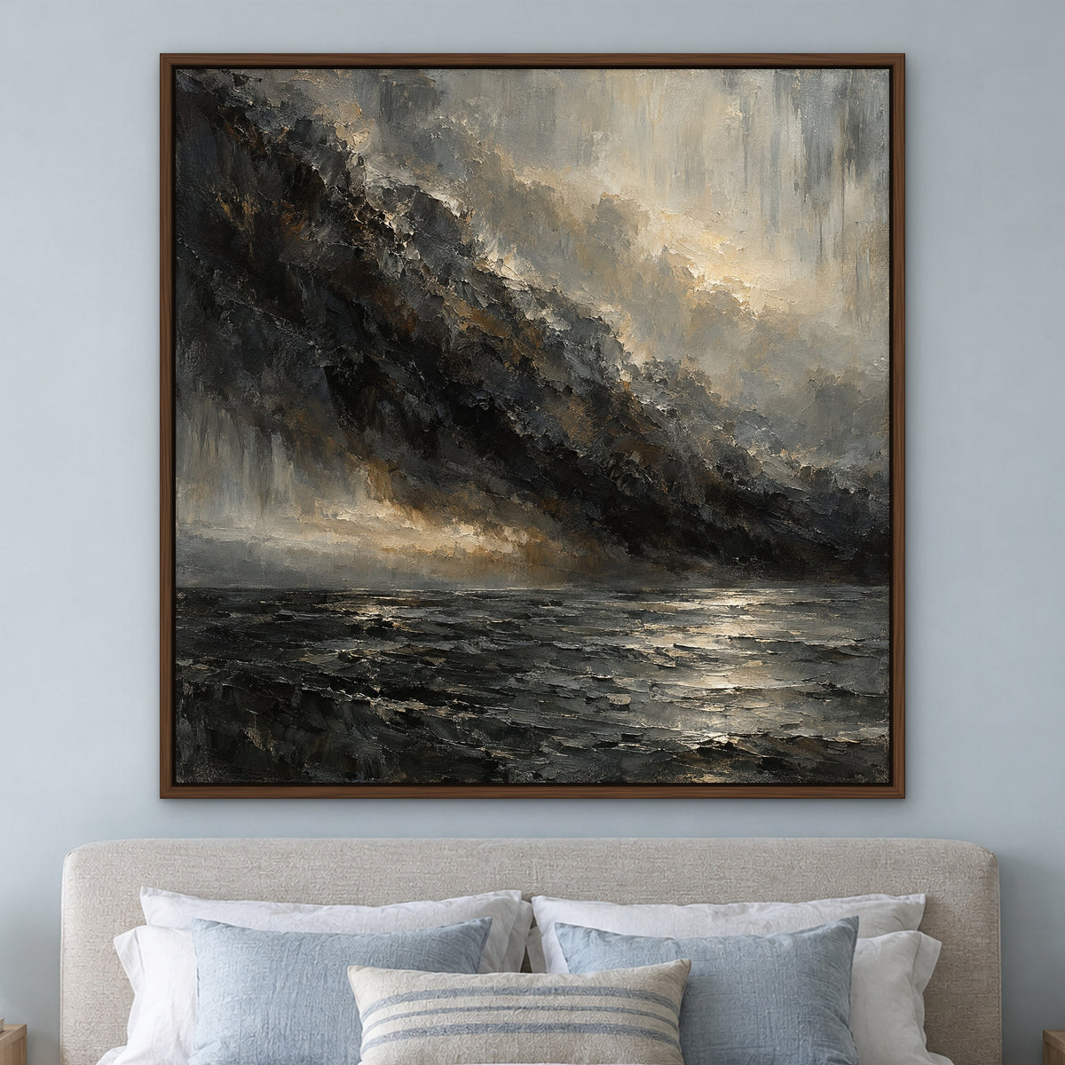 Storm Line, grey abstract hand-painted canvas wall art in a bedroom – Gallery 23