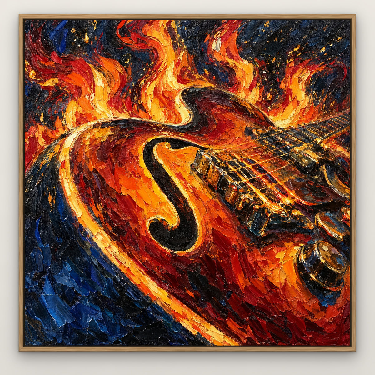 Fiery Guitar, orange cityscape hand-painted canvas wall art in a slim oak float frame – Gallery 23