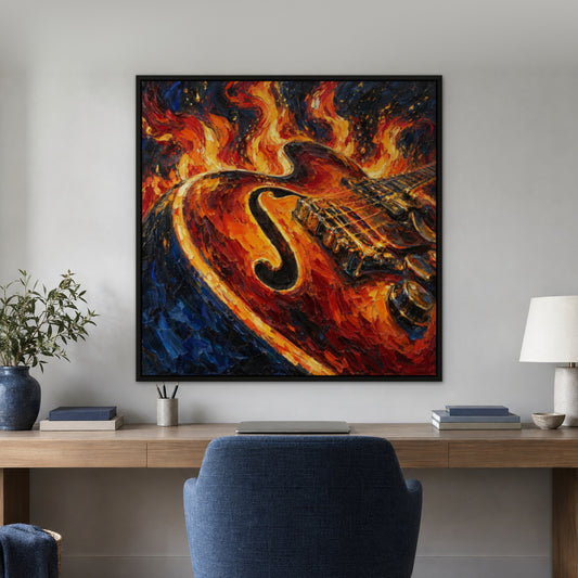 Fiery Guitar, orange cityscape hand-painted canvas wall art in a home office – Gallery 23