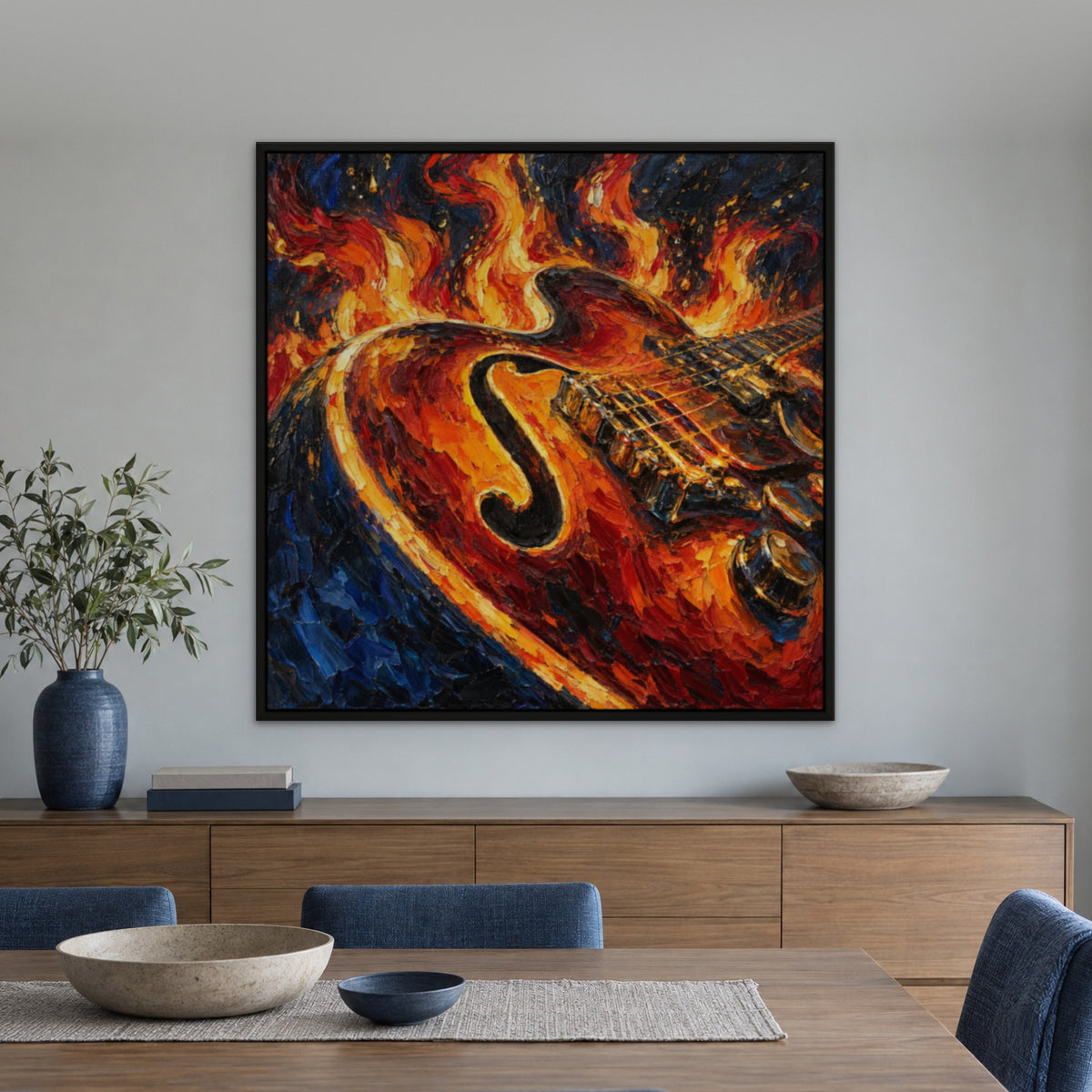 Fiery Guitar, orange cityscape hand-painted canvas wall art in a dining room – Gallery 23