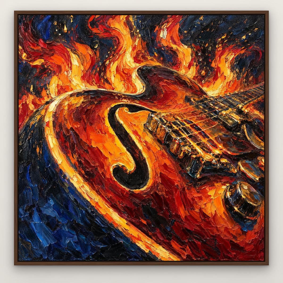 Fiery Guitar, orange cityscape hand-painted canvas wall art in a slim walnut float frame – Gallery 23