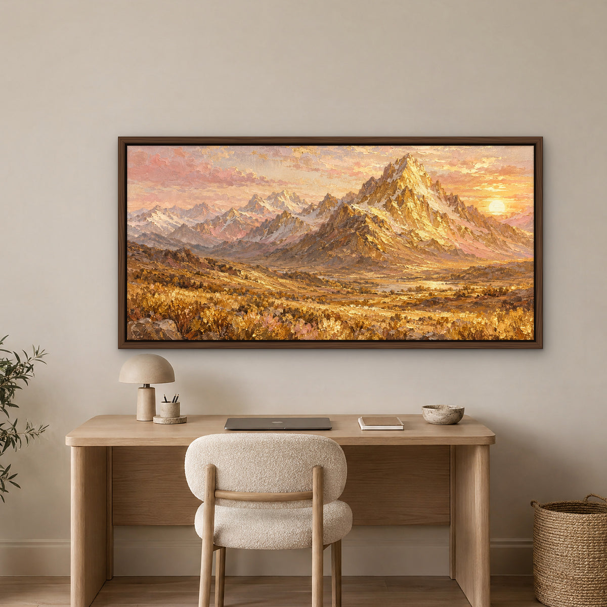 Golden Peaks, neutral mountain landscape hand-painted canvas wall art in a home office – Gallery 23