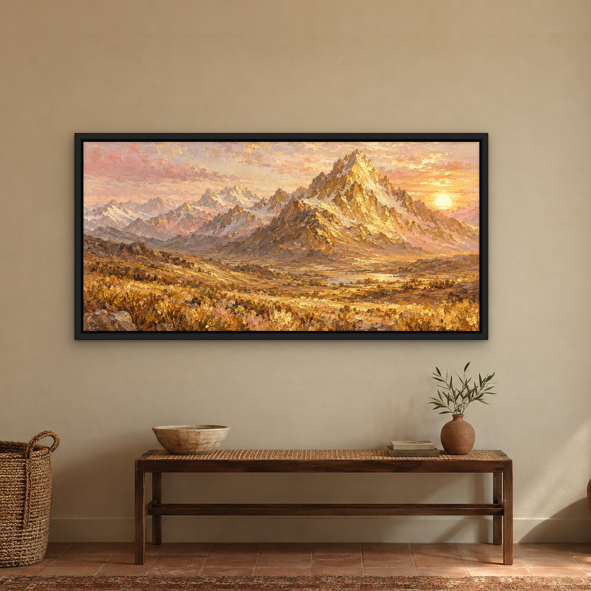 Golden Peaks, neutral mountain landscape hand-painted canvas wall art in a hallway – Gallery 23