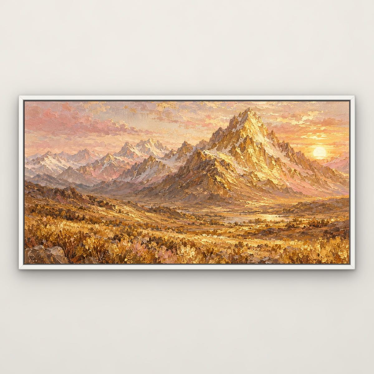 Golden Peaks, neutral mountain landscape hand-painted canvas wall art in a slim white float frame – Gallery 23