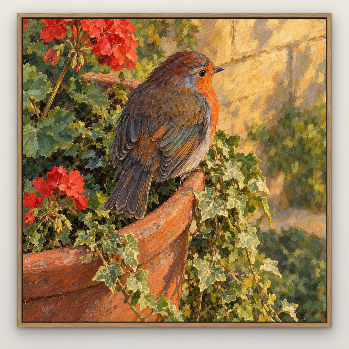 Garden Robin, colourful wildlife hand-painted canvas wall art in a slim oak float frame – Gallery 23