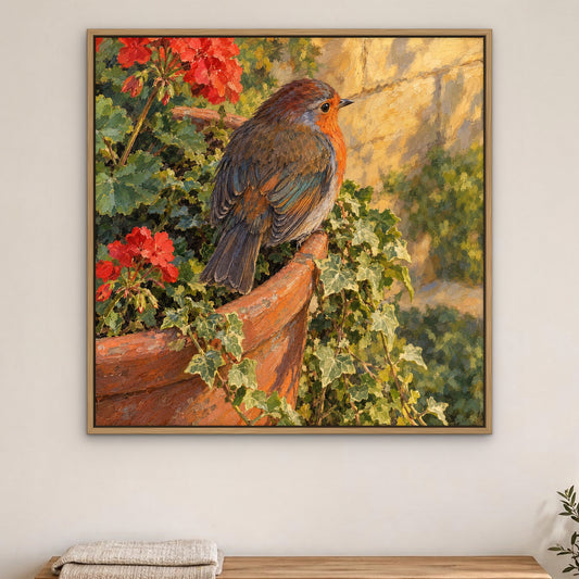 Garden Robin, colourful wildlife hand-painted canvas wall art in a bedroom – Gallery 23