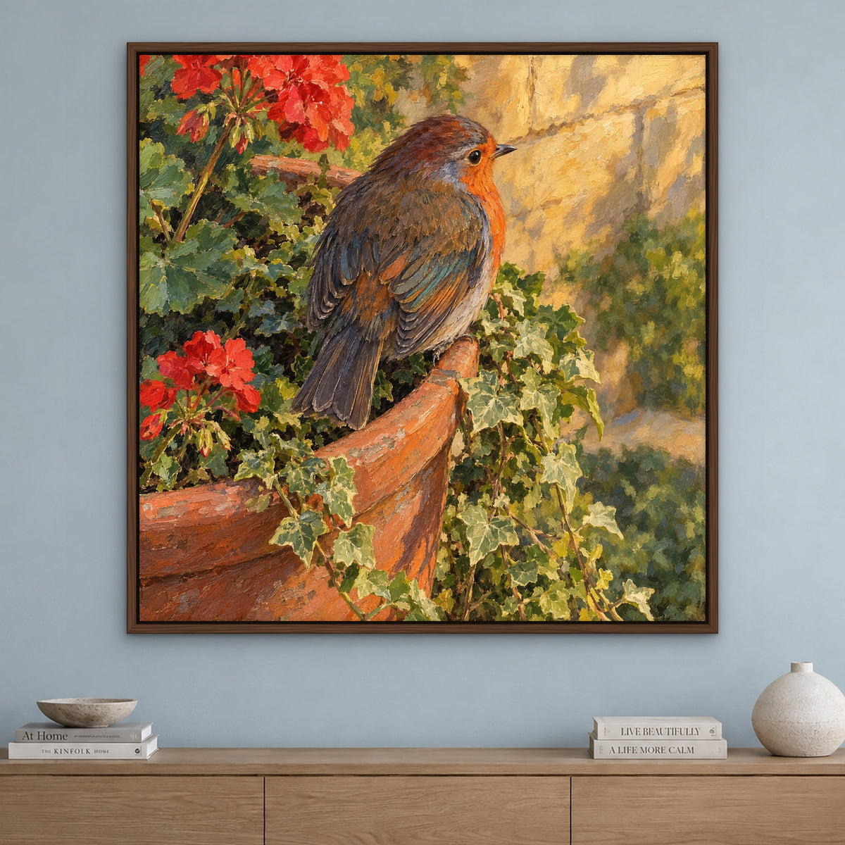 Garden Robin, colourful wildlife hand-painted canvas wall art in a living room – Gallery 23