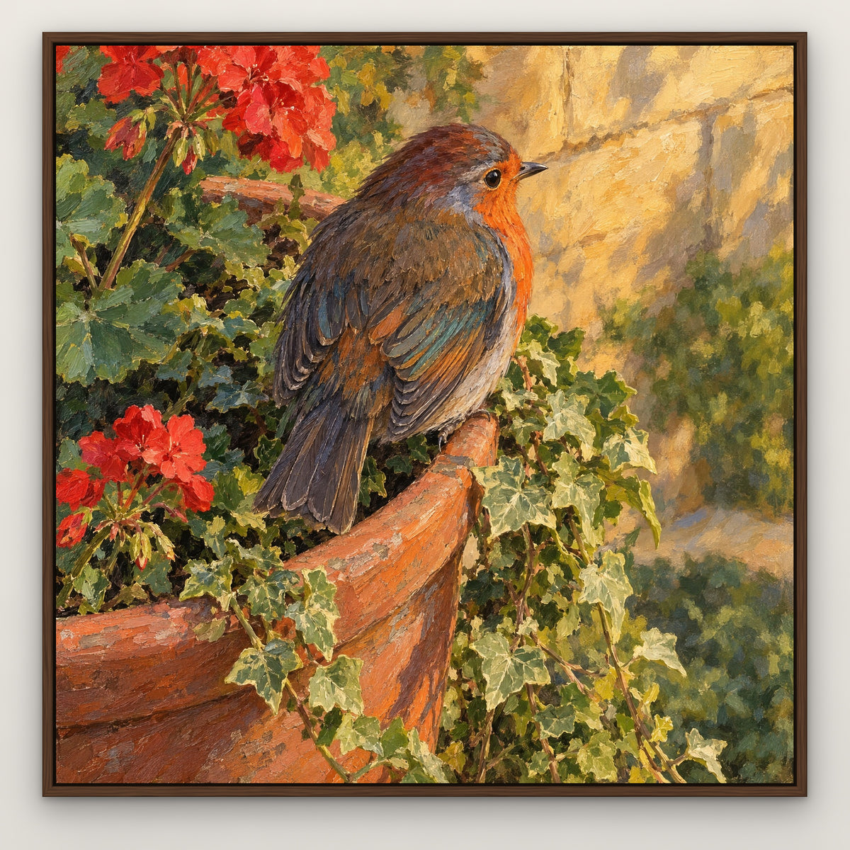 Garden Robin, colourful wildlife hand-painted canvas wall art in a slim walnut float frame – Gallery 23