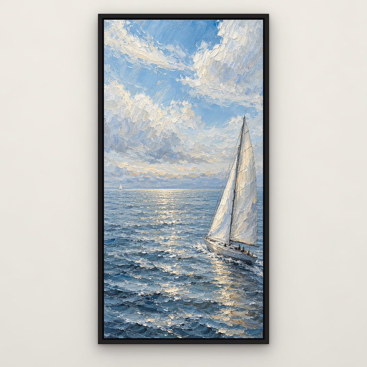 Silver Sail, blue seascape hand-painted canvas wall art in a slim black float frame – Gallery 23
