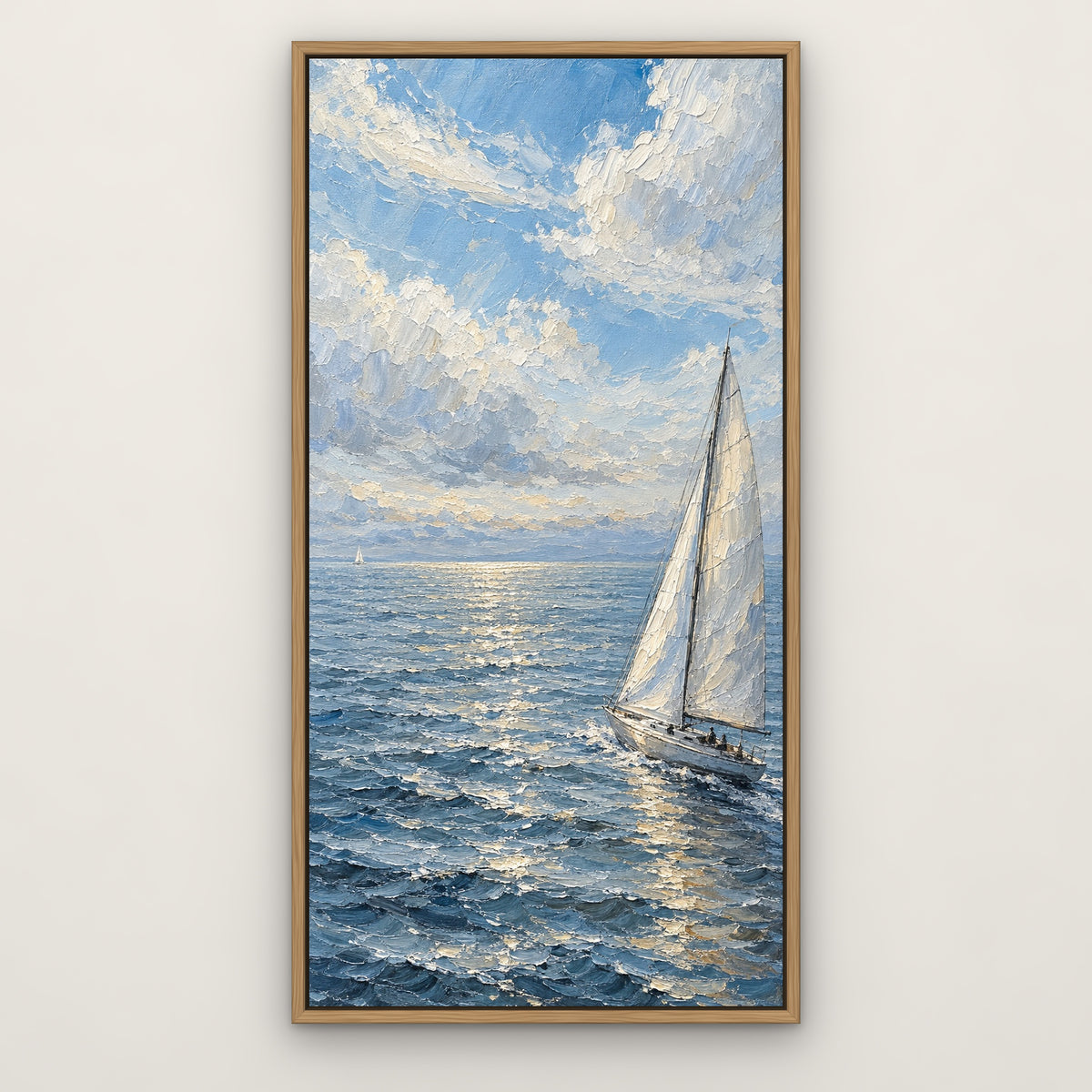 Silver Sail, blue seascape hand-painted canvas wall art in a slim oak float frame – Gallery 23