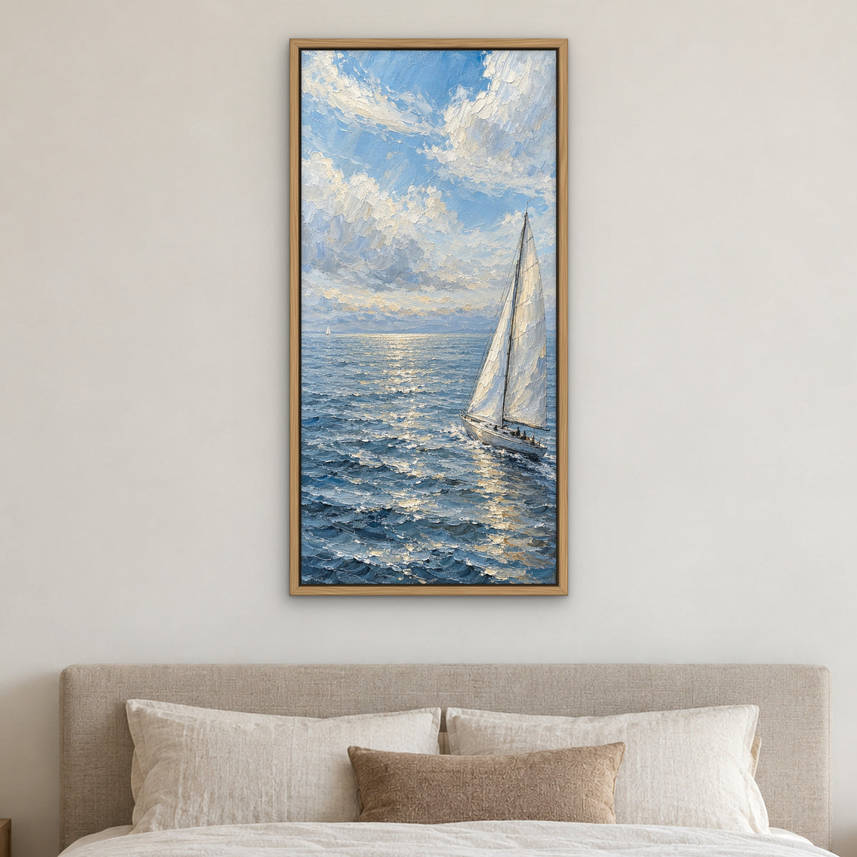 Silver Sail, blue seascape hand-painted canvas wall art in a bedroom – Gallery 23