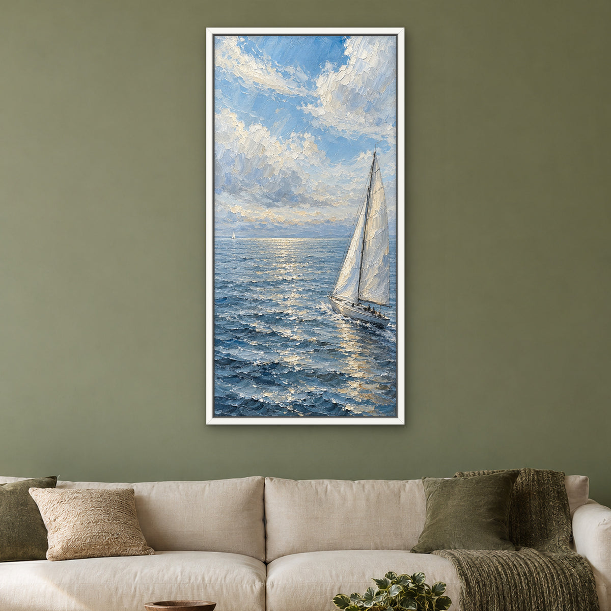 Silver Sail, blue seascape hand-painted canvas wall art in a living room – Gallery 23
