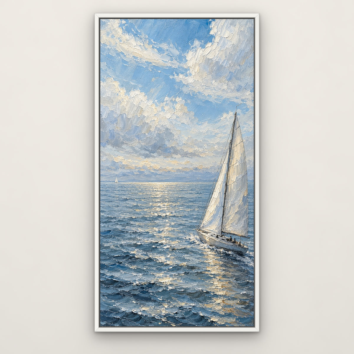 Silver Sail, blue seascape hand-painted canvas wall art in a slim white float frame – Gallery 23