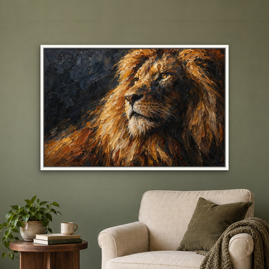 Lion's Gaze, black and white wildlife hand-painted canvas wall art in a reading corner – Gallery 23