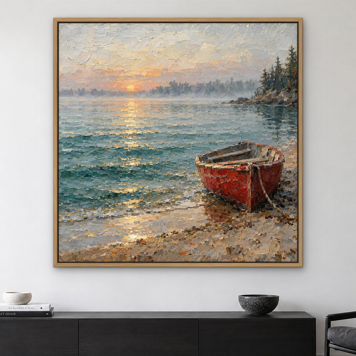 Little Red Rowboat, teal seascape hand-painted canvas wall art in a living room – Gallery 23