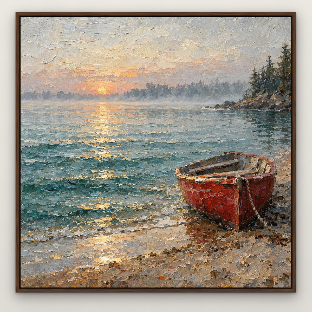 Little Red Rowboat, teal seascape hand-painted canvas wall art in a slim walnut float frame – Gallery 23
