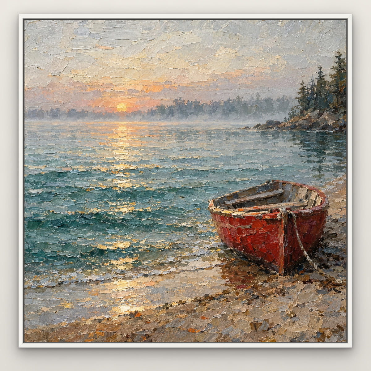 Little Red Rowboat, teal seascape hand-painted canvas wall art in a slim white float frame – Gallery 23