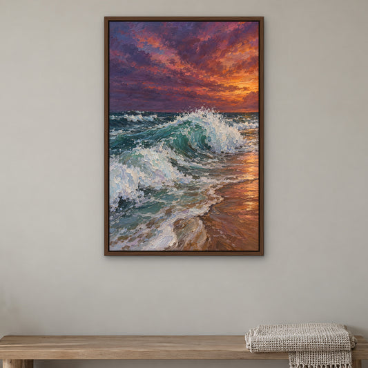 Evening Breakers, blue seascape hand-painted canvas wall art in a bedroom – Gallery 23
