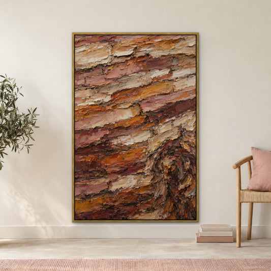 Autumn Bark, colourful abstract hand-painted canvas wall art in a hallway – Gallery 23