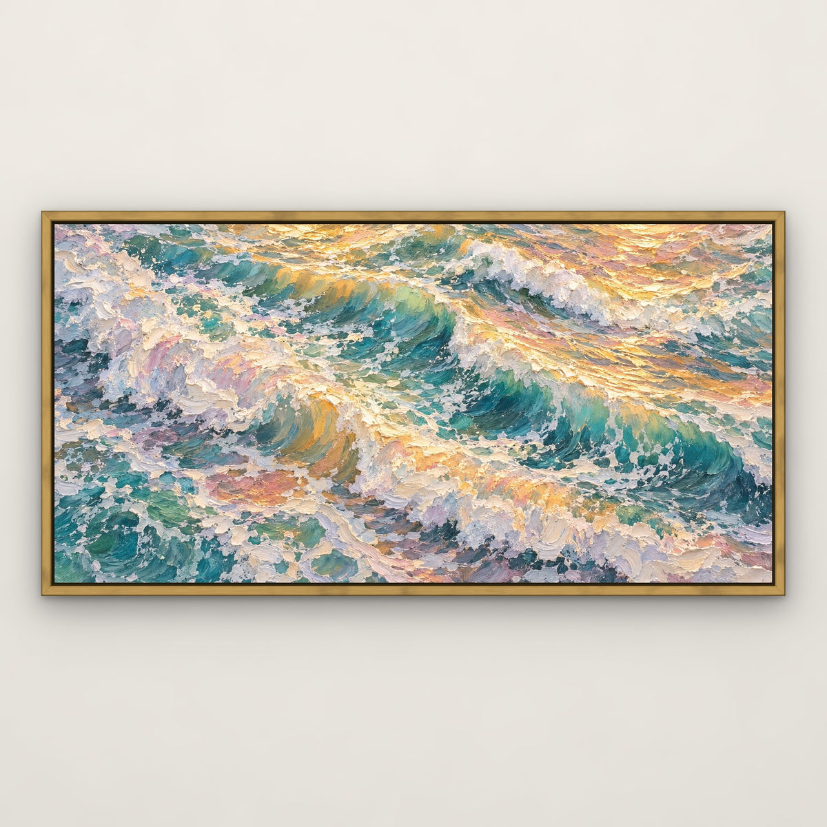 Golden Surf at Dawn, blue seascape hand-painted canvas wall art in a slim antique gold float frame – Gallery 23