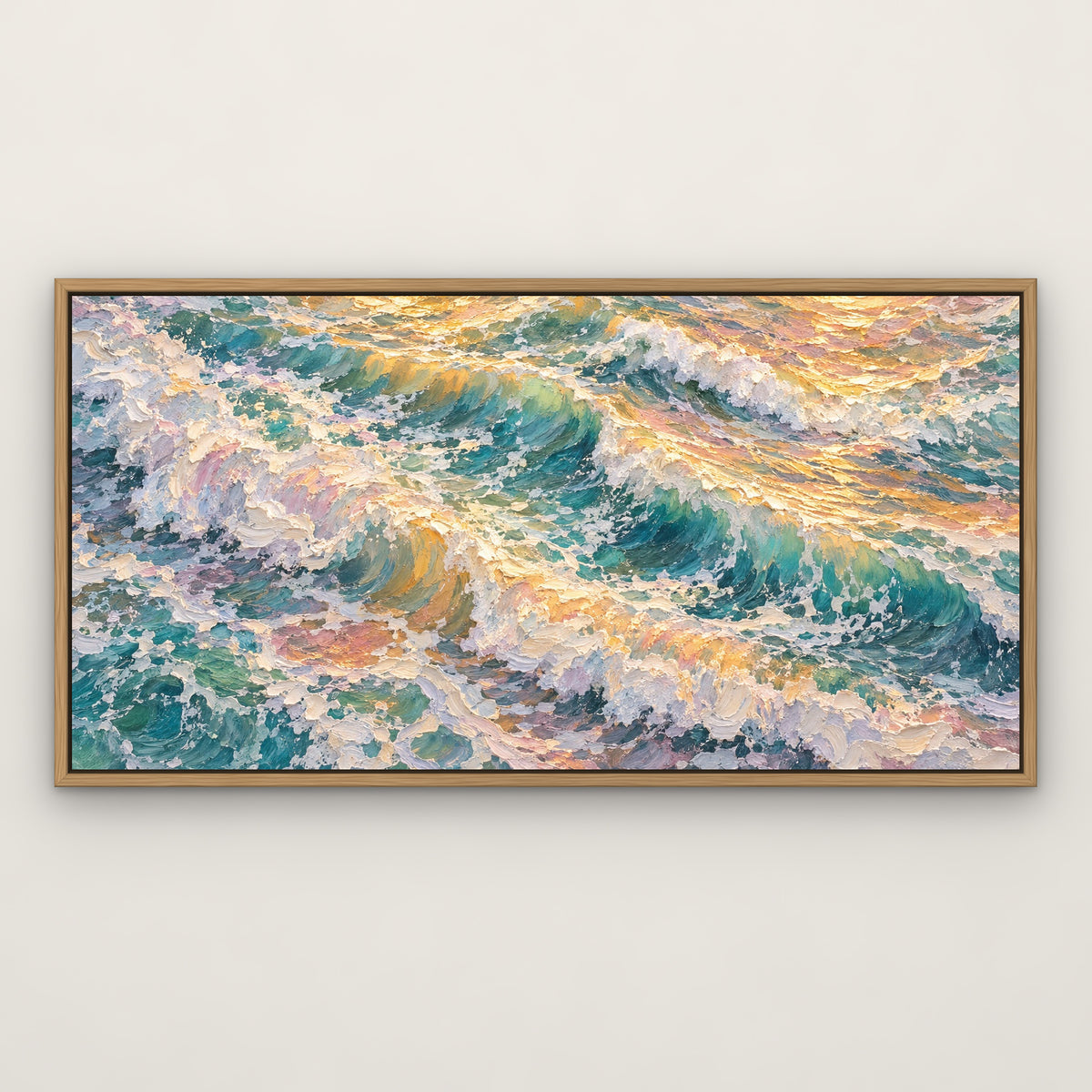 Golden Surf at Dawn, blue seascape hand-painted canvas wall art in a slim oak float frame – Gallery 23