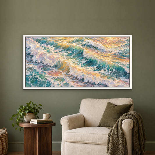 Golden Surf at Dawn, blue seascape hand-painted canvas wall art in a reading corner – Gallery 23