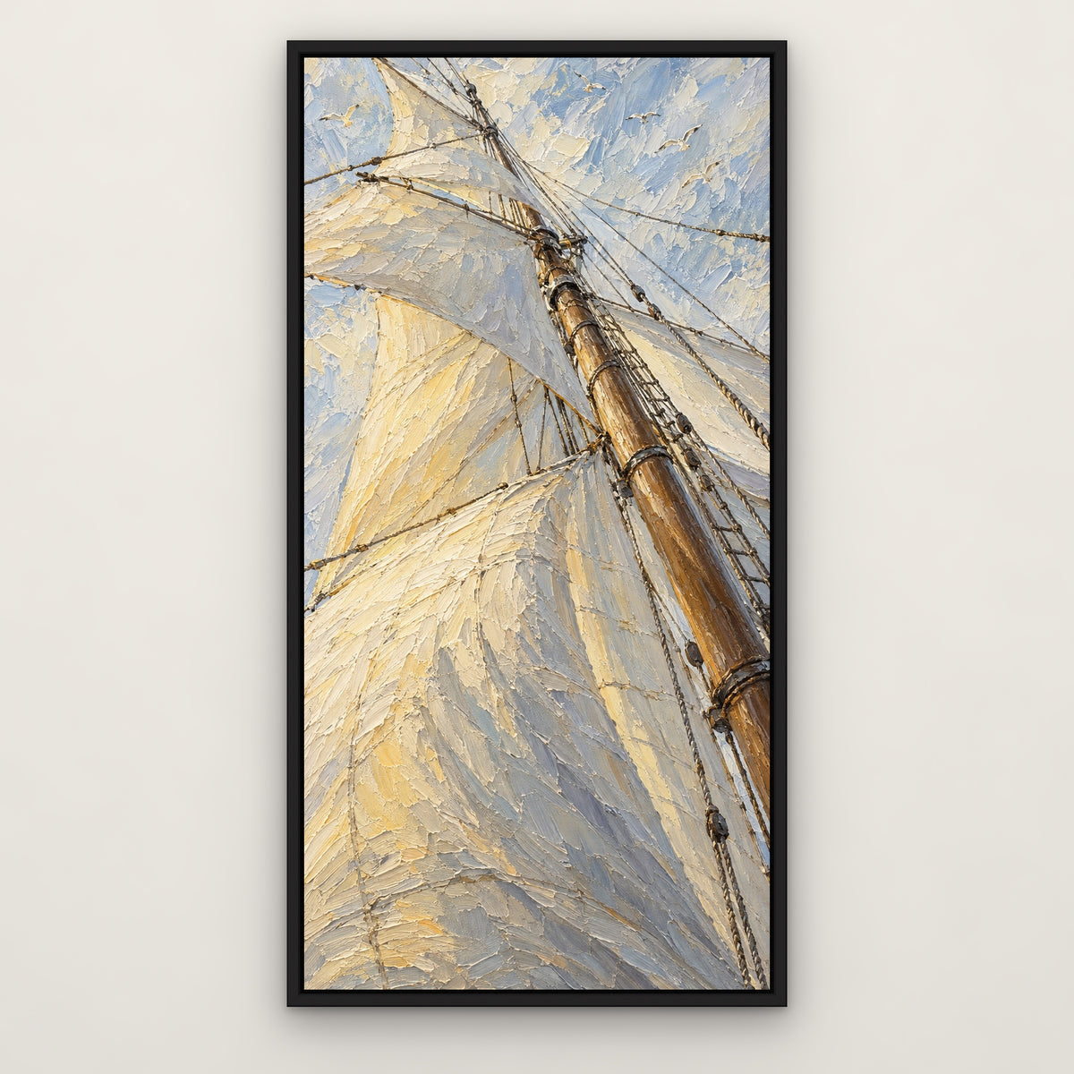 Billowing Sails, blue seascape hand-painted canvas wall art in a slim black float frame – Gallery 23
