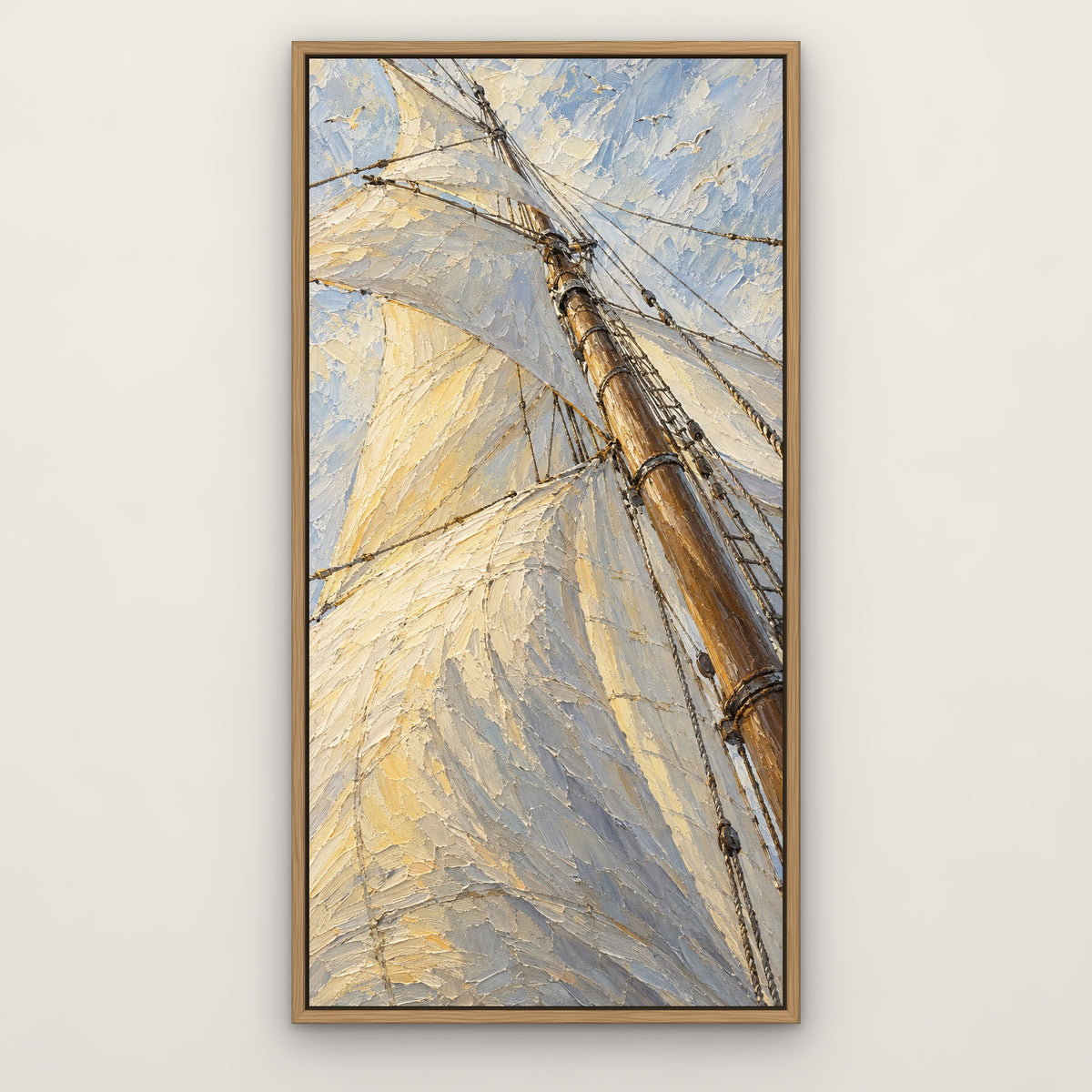 Billowing Sails, blue seascape hand-painted canvas wall art in a slim oak float frame – Gallery 23
