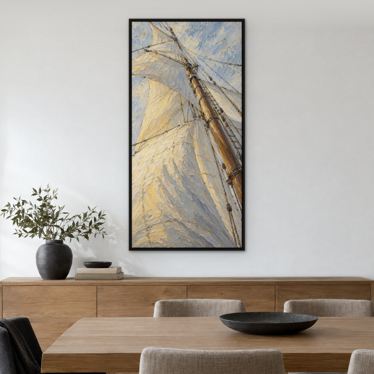 Billowing Sails, blue seascape hand-painted canvas wall art in a dining room – Gallery 23