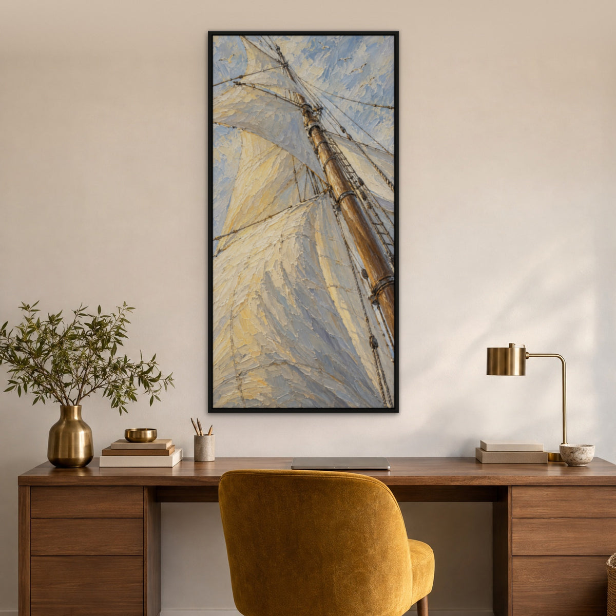 Billowing Sails, blue seascape hand-painted canvas wall art in a home office – Gallery 23