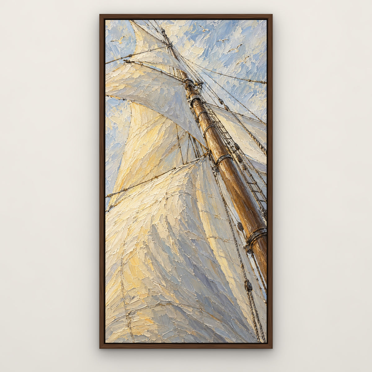 Billowing Sails, blue seascape hand-painted canvas wall art in a slim walnut float frame – Gallery 23