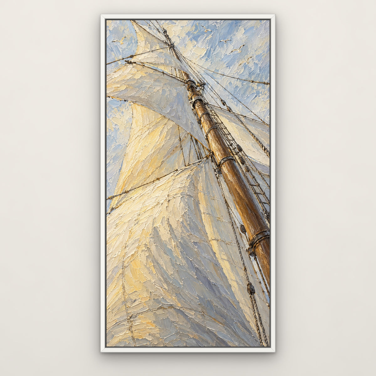 Billowing Sails, blue seascape hand-painted canvas wall art in a slim white float frame – Gallery 23