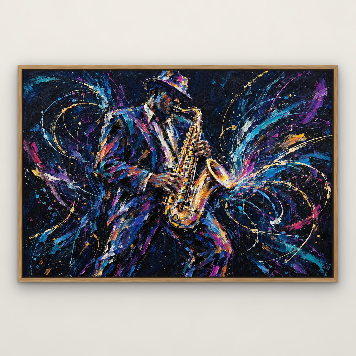Neon Saxophone, blue pop art hand-painted canvas wall art in a slim oak float frame – Gallery 23