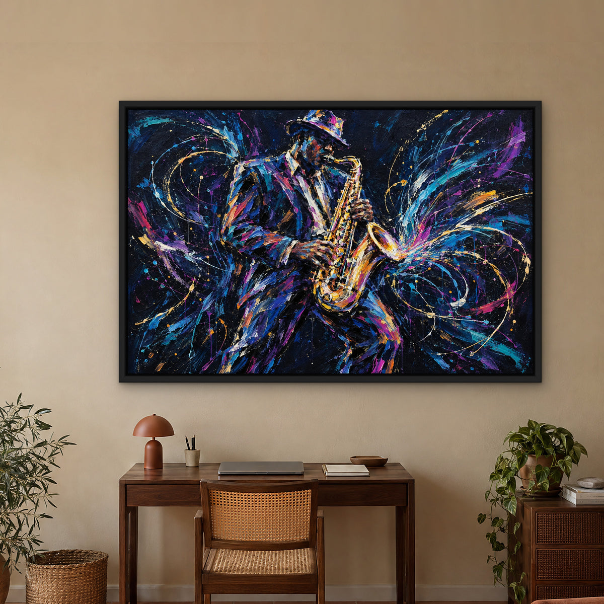 Neon Saxophone, blue pop art hand-painted canvas wall art in a home office – Gallery 23