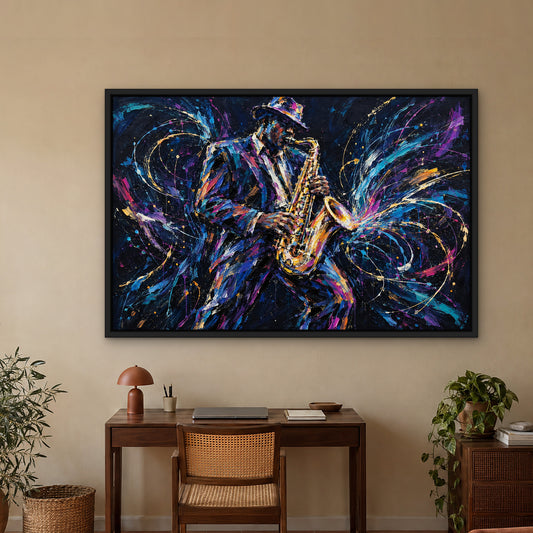 Neon Saxophone, blue pop art hand-painted canvas wall art in a home office – Gallery 23