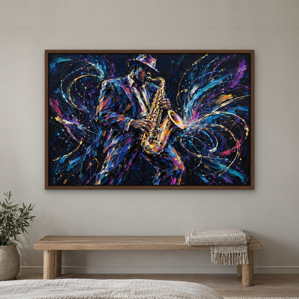 Neon Saxophone, blue pop art hand-painted canvas wall art in a bedroom – Gallery 23