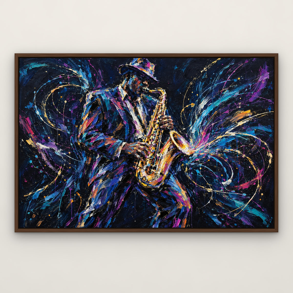 Neon Saxophone, blue pop art hand-painted canvas wall art in a slim walnut float frame – Gallery 23