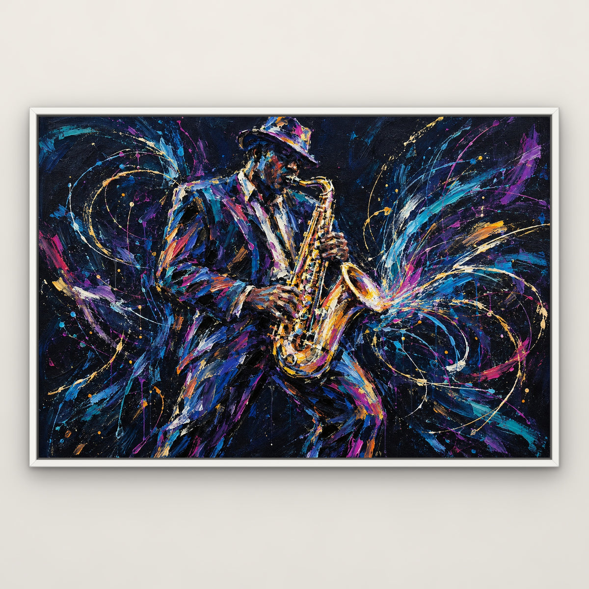 Neon Saxophone, blue pop art hand-painted canvas wall art in a slim white float frame – Gallery 23
