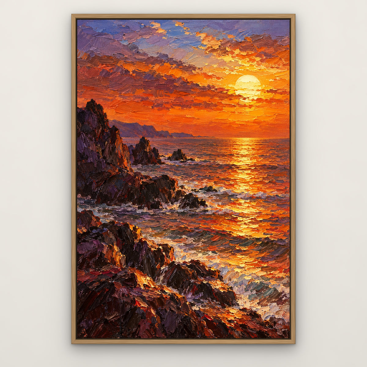 Blazing Horizon, orange seascape hand-painted canvas wall art in a slim oak float frame – Gallery 23