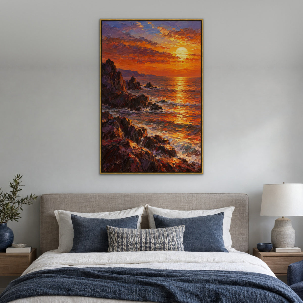 Blazing Horizon, orange seascape hand-painted canvas wall art in a bedroom – Gallery 23