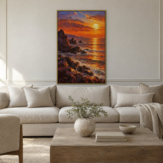 Blazing Horizon, orange seascape hand-painted canvas wall art in a living room – Gallery 23