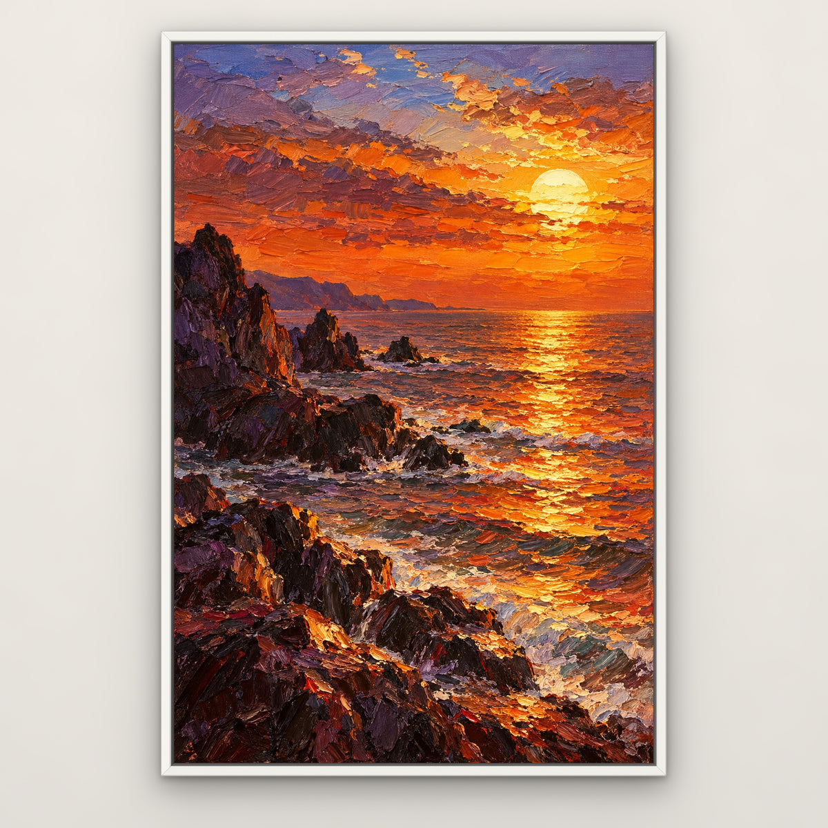 Blazing Horizon, orange seascape hand-painted canvas wall art in a slim white float frame – Gallery 23