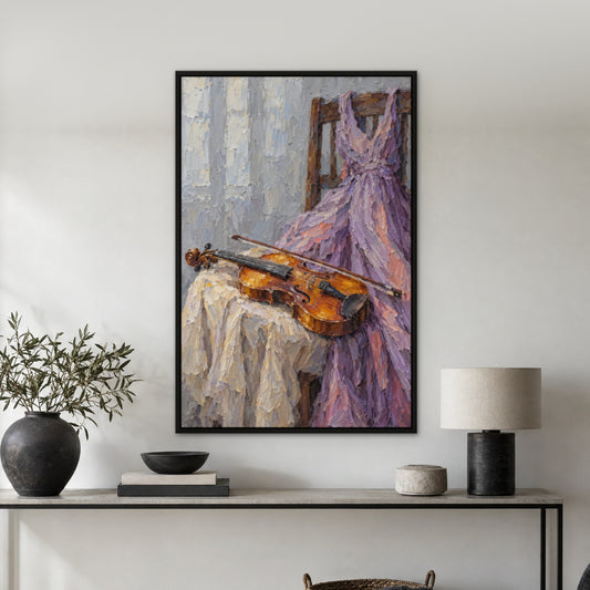 Violin and Lilac Gown, purple portrait hand-painted canvas wall art in a hallway – Gallery 23