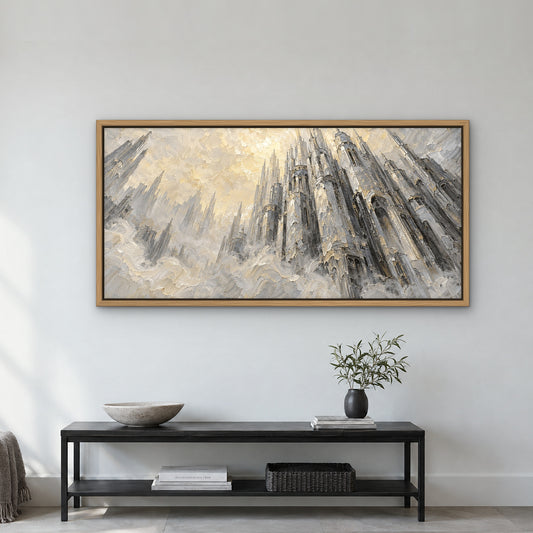 Silver City Mirage, black and white cityscape hand-painted canvas wall art in a hallway – Gallery 23