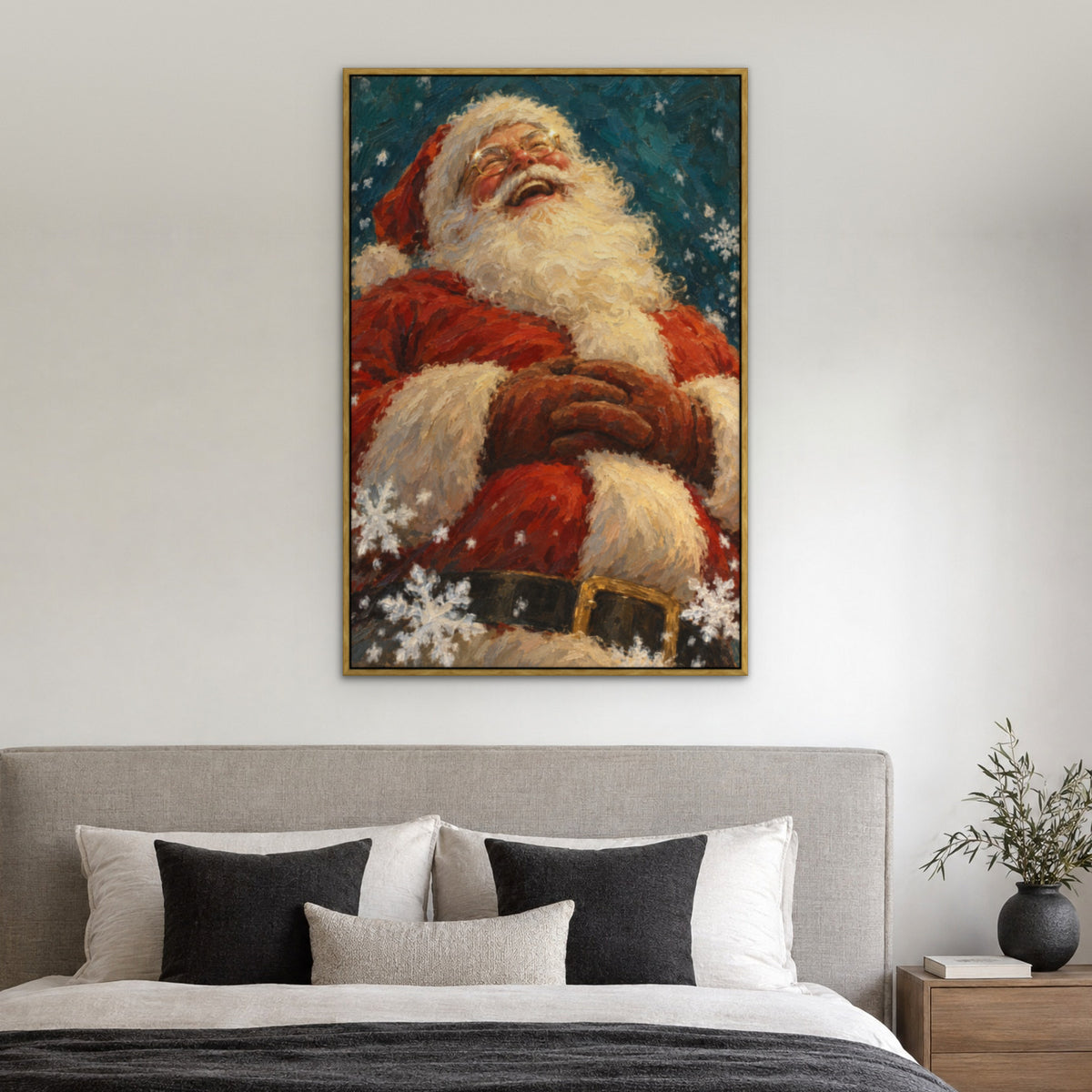 Spectacled Santa, green portrait hand-painted canvas wall art in a bedroom – Gallery 23
