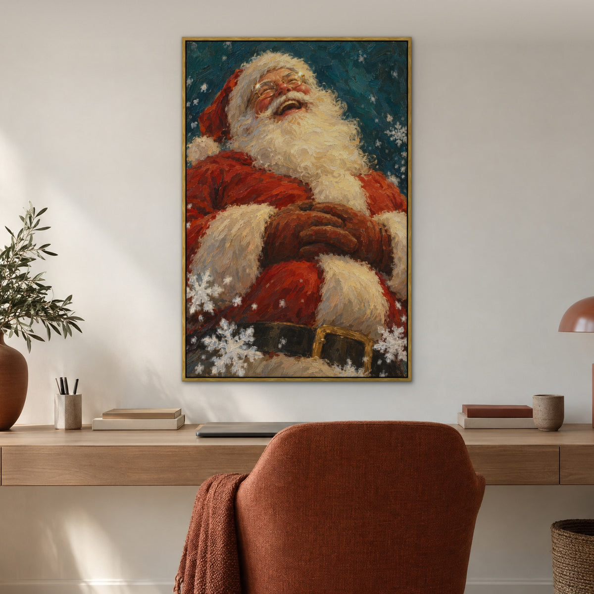 Spectacled Santa, green portrait hand-painted canvas wall art in a home office – Gallery 23