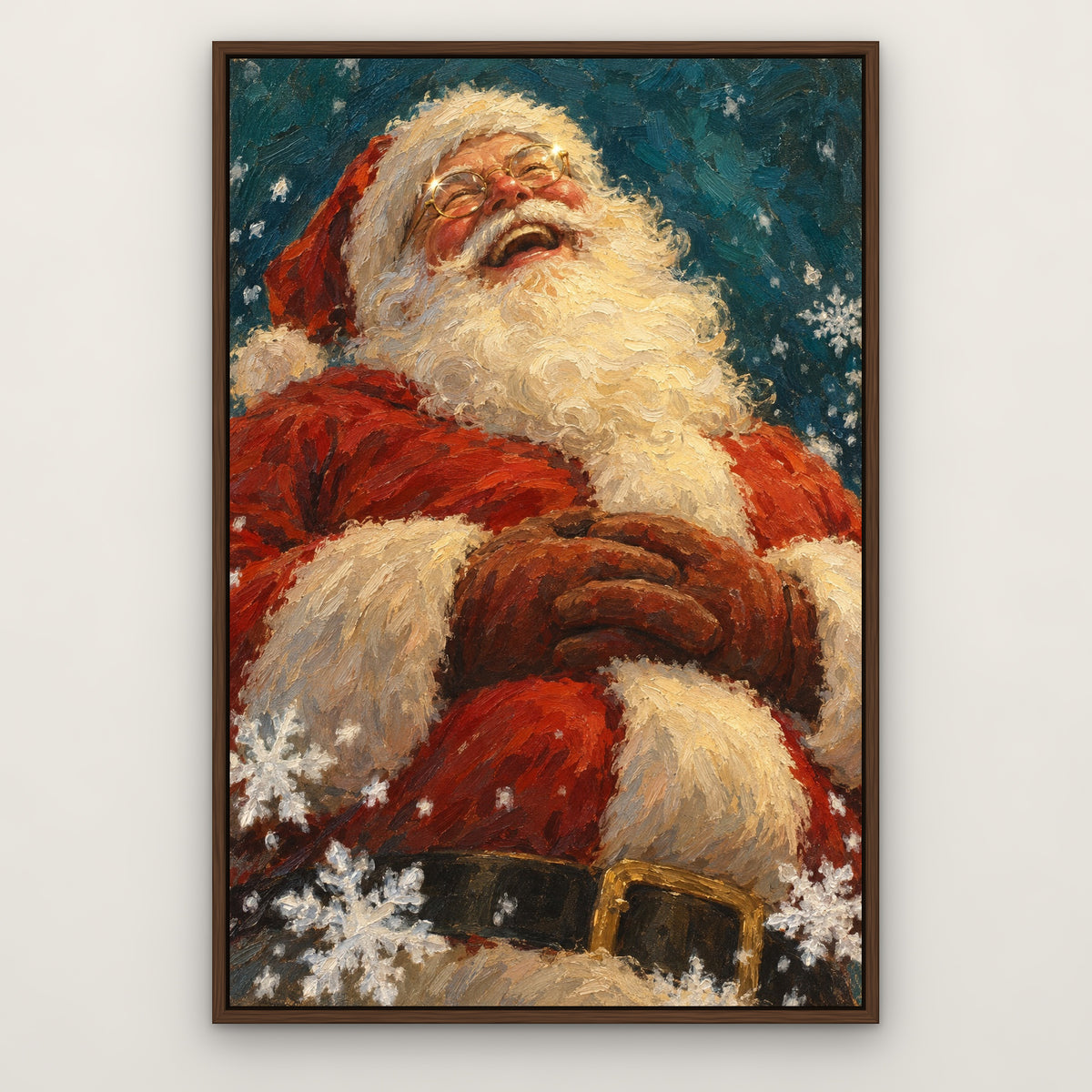Spectacled Santa, green portrait hand-painted canvas wall art in a slim walnut float frame – Gallery 23